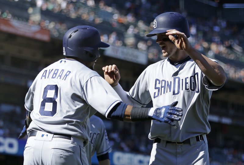 San Diego Padres' Wil Myers, right, celebrates with Erick Aybar (8) after hitting the go-ahead three-run home run off San Francisco Giants' George Kontos in the 12th inning of a baseball game, Sunday, April 30, 2017, in San Francisco. The Padres won 5-2. (AP Photo/Ben Margot)