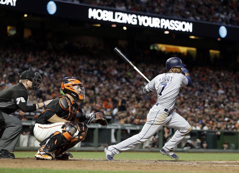 San Diego Padres' Manuel Margot, right, swings for an RBI-single off San Francisco Giants' Neil Ramirez in the sixth inning of a baseball game Saturday, April 29, 2017, in San Francisco. (AP Photo/Ben Margot)