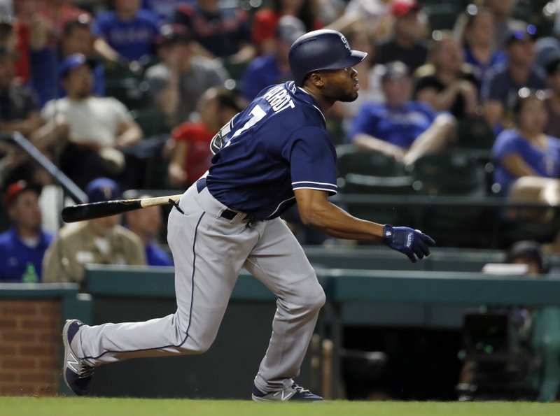 San Diego Padres' Manuel Margot watches his RBI sacrifice fly out off Texas Rangers’ Martin Perez during the seventh inning of a baseball game, Thursday, May 11, 2017, in Arlington, Texas. (AP Photo/Tony Gutierrez)