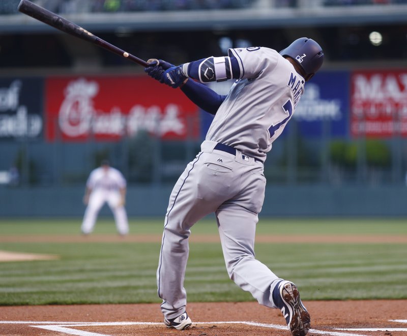 San Diego Padres' Manuel Margot follows through on a solo home run off Colorado Rockies starting pitcher Antonio Senzatela to lead off in the first inning of a baseball game Tuesday, April 11, 2017, in Denver. (AP Photo/David Zalubowski)