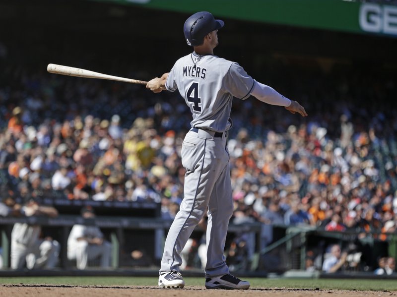San Diego Padres' Wil Myers watches the flight of his three-run home run hit off San Francisco Giants' George Kontos in the 12th inning of a baseball game Sunday, April 30, 2017, in San Francisco. (AP Photo/Ben Margot)