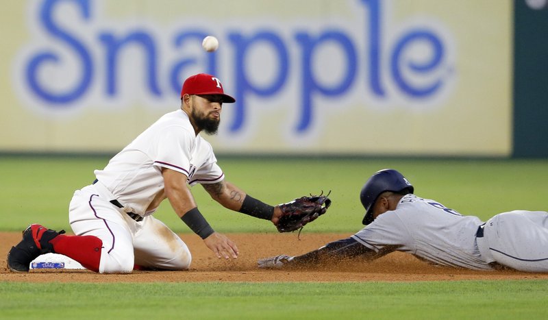 Texas Rangers second baseman Rougned Odor is unable to secure the throw to the bag as San Diego Padres’ Erick Aybar steals second in the fourth inning of a baseball game, Wednesday, May 10, 2017, in Arlington, Texas. Akbar stole second during a Hunter Renfroe at bat. (AP Photo/Tony Gutierrez)