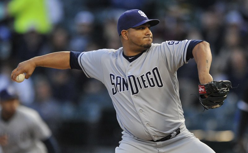 San Diego Padres starter Jhoulys Chacin delivers a pitch during the first inning of an interleague baseball game against the Chicago White Sox, Friday, May 12, 2017, in Chicago. (AP Photo/Paul Beaty)