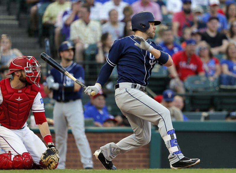 San Diego Padres' Ryan Schimpf follows through on an RBI single to left off Texas Rangers starter Martin Perez during the first inning of a baseball game, Thursday, May 11, 2017, in Arlington, Texas. (AP Photo/Tony Gutierrez)