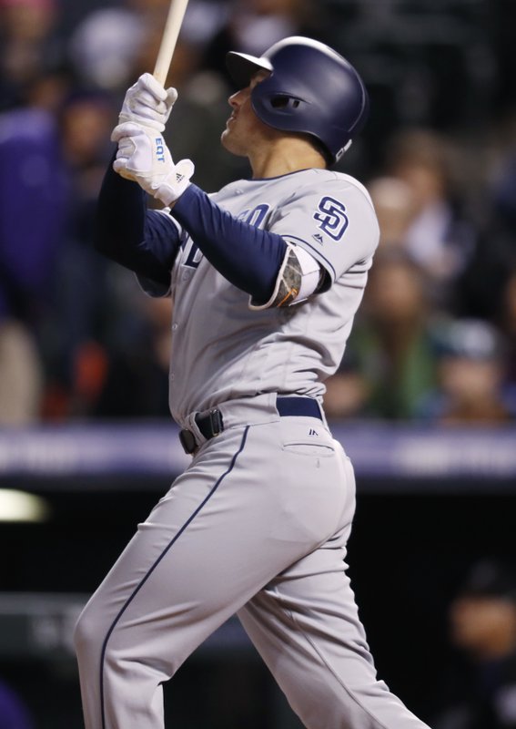 San Diego Padres' Hunter Renfroe follows the flight of his two-run home run off Colorado Rockies relief pitcher Carlos Estevez in the sixth inning of a baseball game Monday, April 10, 2017, in Denver. The Padres won 5-3. (AP Photo/David Zalubowski)