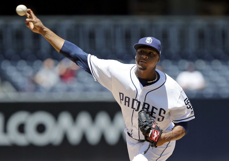 San Diego Padres starting pitcher Luis Perdomo throws to the plate during the first inning of a baseball game against the Colorado Rockies in San Diego, Thursday, May 4, 2017. (AP Photo/Alex Gallardo)