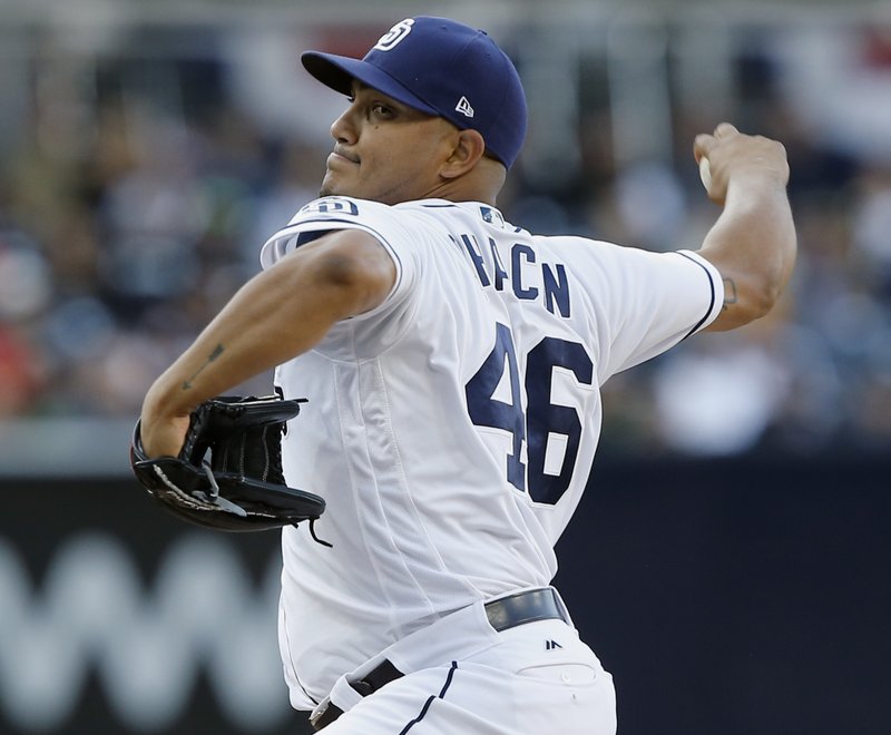 San Diego Padres' starting pitcher Jhoulys Chacin throws to the plate against the San Francisco Giants during the first inning of a baseball game in San Diego, Saturday, April 8, 2017. (AP Photo/Alex Gallardo)