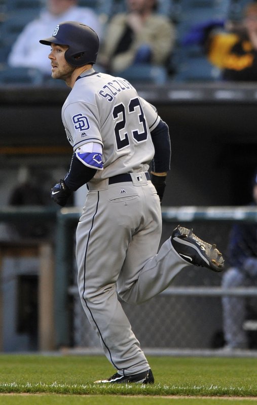 San Diego Padres' Matt Szczur watches his solo home run during the first inning of an interleague baseball game against the Chicago White Sox Friday, May 12, 2017, in Chicago. (AP Photo/Paul Beaty)