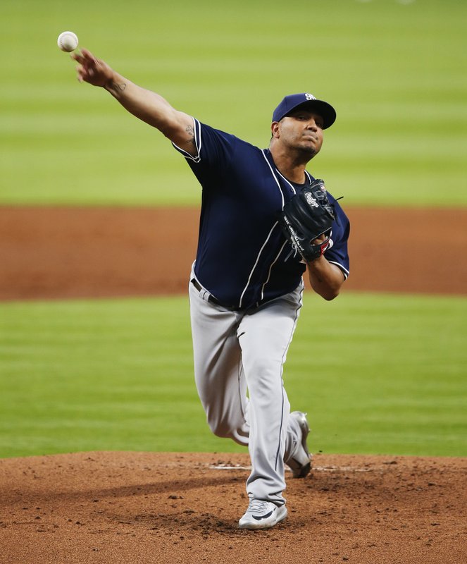 San Diego Padres' starting pitcher Jhoulys Chacin throws in the first inning of a baseball game against the Atlanta Braves in Atlanta, Friday, April 14, 2017. (AP Photo/John Bazemore)