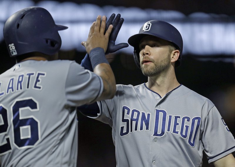 San Diego Padres' Ryan Schimpf, right, celebrates with Yangervis Solarte after hitting a two-run home run off San Francisco Giants' Jeff Samardzija during the fifth inning of a baseball game Friday, April 28, 2017, in San Francisco. (AP Photo/Ben Margot)