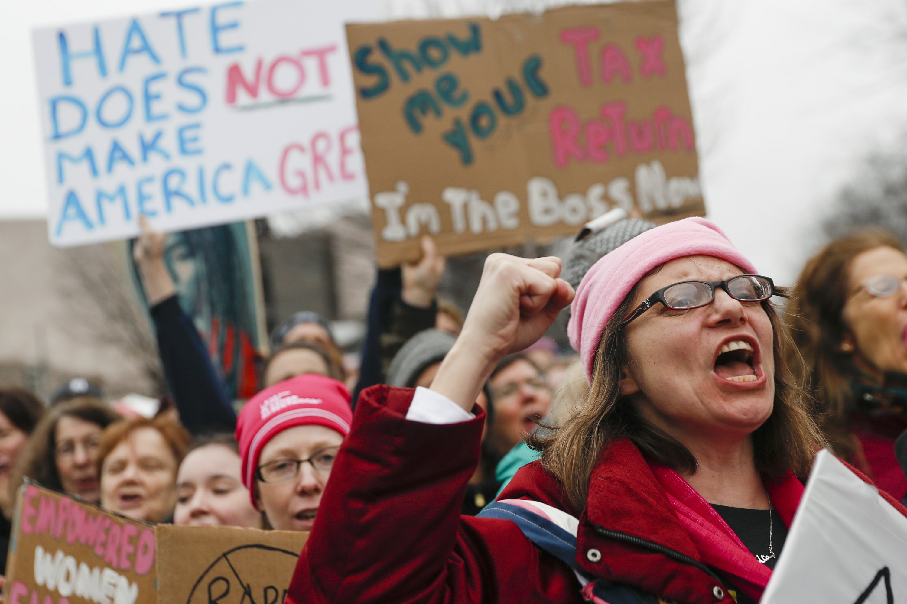 Massive woman. Protesters.