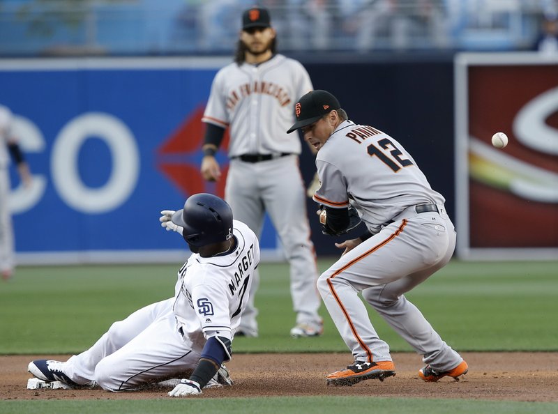 San Diego Padres' Manuel Margot, left, slides into second with a double, as the ball bounces off San Francisco Giants second baseman Joe Panik's glove, while shortstop Brandon Crawford, center, watches during the first inning of a baseball game in San Diego, Saturday, April 8, 2017. (AP Photo/Alex Gallardo)