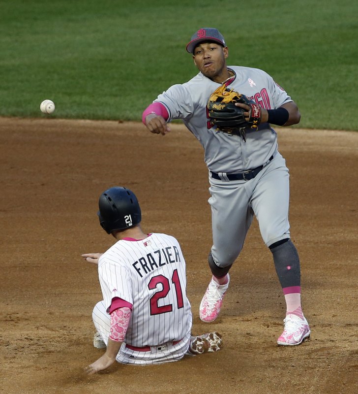 San Diego Padres second baseman Yangervis Solarte, right, throws out Chicago White Sox’s Matt Davidson at first after forcing out Todd Frazier (21) during the fourth inning of an interleague baseball game in Chicago, Saturday, May 13, 2017. (AP Photo/Nam Y. Huh)