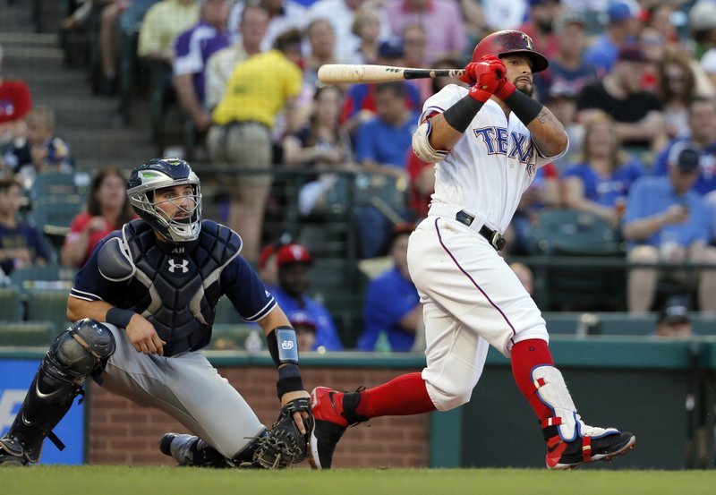 Texas Rangers' Rougned Odor follows through on a line out to San Diego Padres first baseman Wil Myers for a double play in the second inning of a baseball game, Thursday, May 11, 2017, in Arlington, Texas. Jonathan Lucroy was doubled off first. Padres catcher Austin Hedges is at left. (AP Photo/Tony Gutierrez)