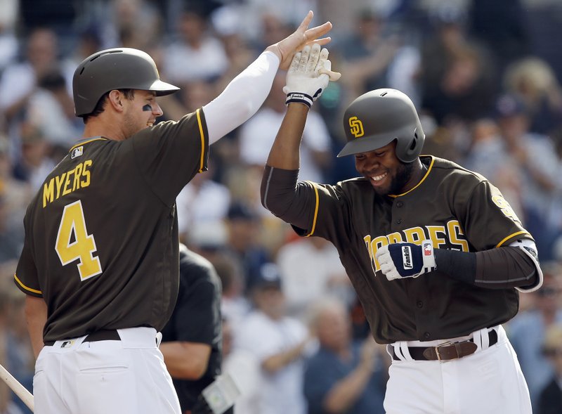 San Diego Padres' Wil Myers, left, congratulates Manuel Margot, right, on Margot's second solo home run of the day, during the third inning a baseball game against the San Francisco Giants in San Diego, Friday, April 7, 2017. (AP Photo/Alex Gallardo)