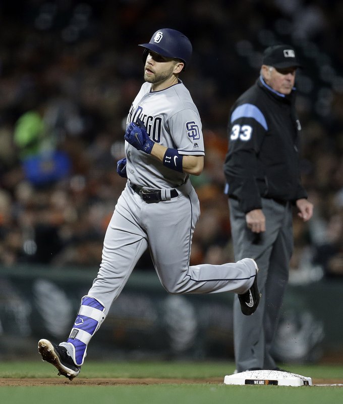 San Diego Padres' Ryan Schimpf runs the bases after hitting a two-run home run off San Francisco Giants' Jeff Samardzija during the fifth inning of a baseball game Friday, April 28, 2017, in San Francisco. (AP Photo/Ben Margot)