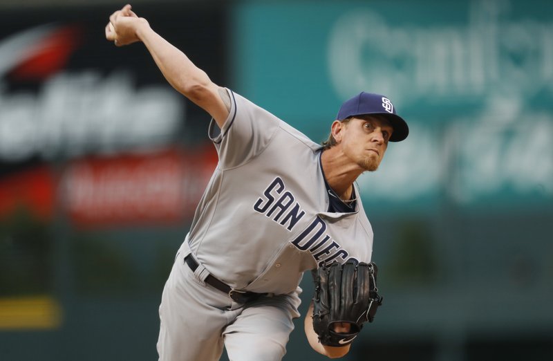 San Diego Padres' starter Jered Weaver delivers a pitch to a Colorado Rockies batter during the first inning of a baseball game Tuesday, April 11, 2017, in Denver. (AP Photo/David Zalubowski)