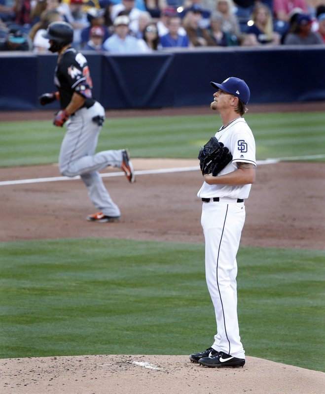 Miami Marlins' Giancarlo Stanton, left, rounds third base after hitting a home run as San Diego Padres starting pitcher Jered Weaver looks on in the second inning of a baseball game in San Diego, Saturday, April 22, 2017. (AP Photo/Christine Cotter)