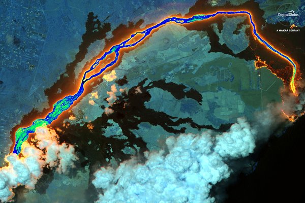 This June 26, 2018 satellite image provided by DigitalGlobe shows lava flows from the Kilauea volcano in Hawaii. (DigitalGlobe, a Maxar company via AP)