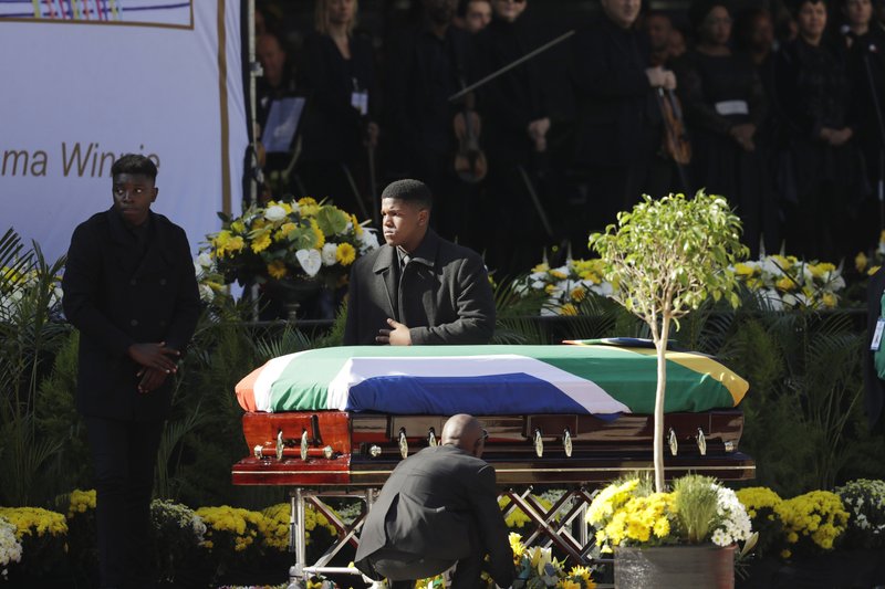 The casket carrying the remains of struggle icon Winnie Madikizela-Mandela arrives at the Orlando Stadium in Soweto, South Africa, Saturday, April 14, 2018. Winnie!' South Africa bids farewell to Madikizela-Mandela