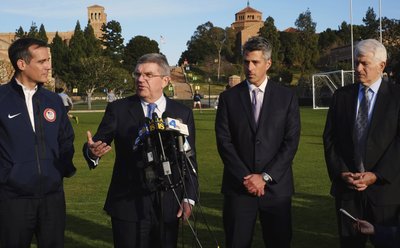 Thomas Bach, Eric Garcetti, Casey Wasserman, Gene Block