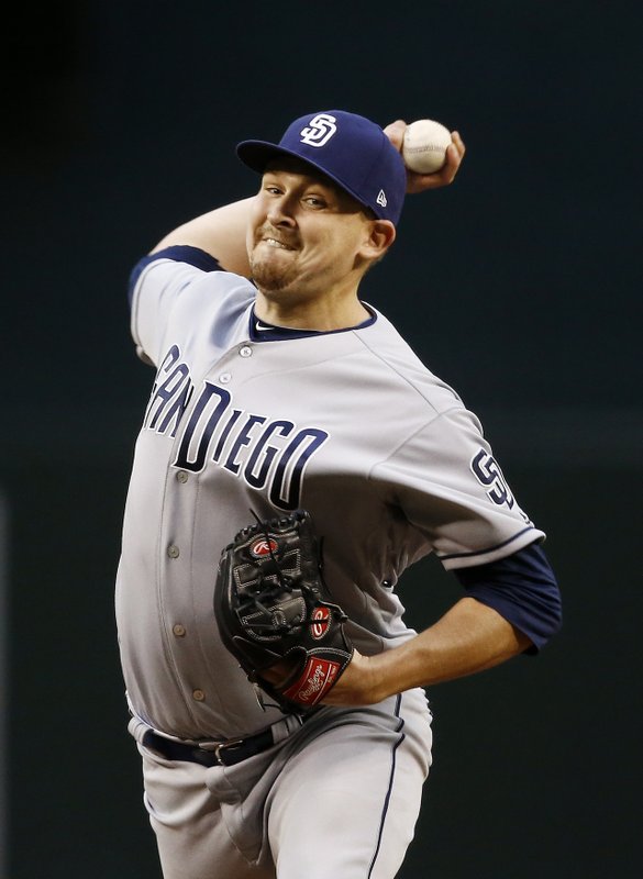 San Diego Padres' Trevor Cahill throws a pitch against the Arizona Diamondbacks during the first inning of a baseball game, Wednesday, April 26, 2017, in Phoenix. (AP Photo/Ross D. Franklin)