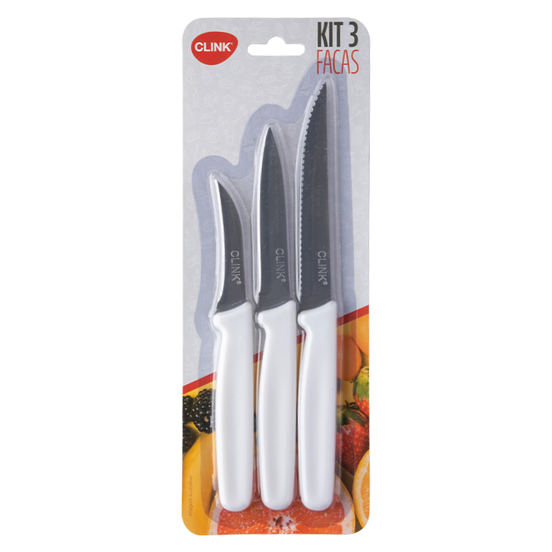 KIT 3 FACAS FRUTAS PLÁSTICO E AÇO INOX 22,2CM / 19,5CM / 17,2CM