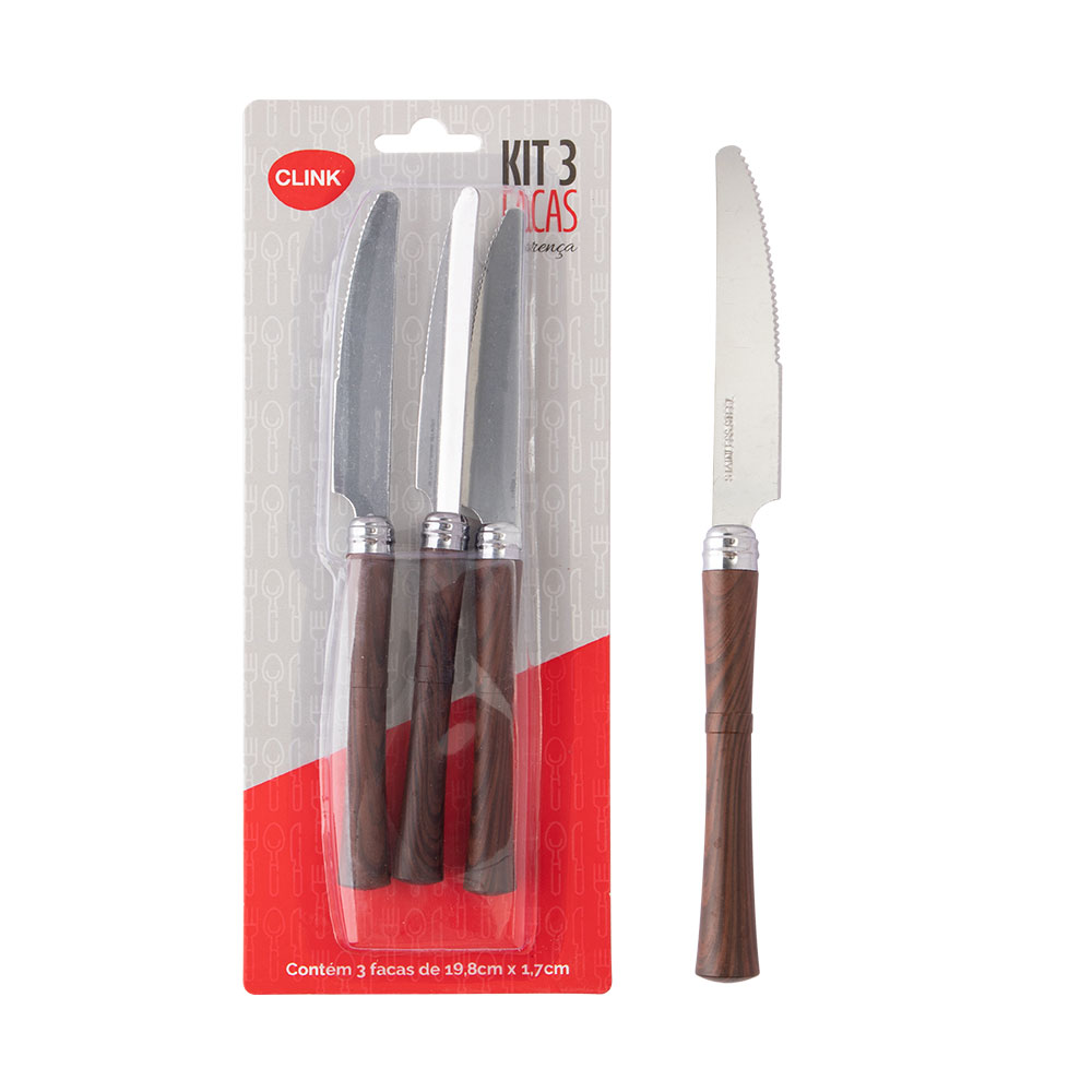 CK5805 - KIT 3 PCS FACA DE CHURRASCO FLORENÇA AÇO INOX E CABO DE PLÁSTICO 20,2CM X 1,7CM X 0,12CM