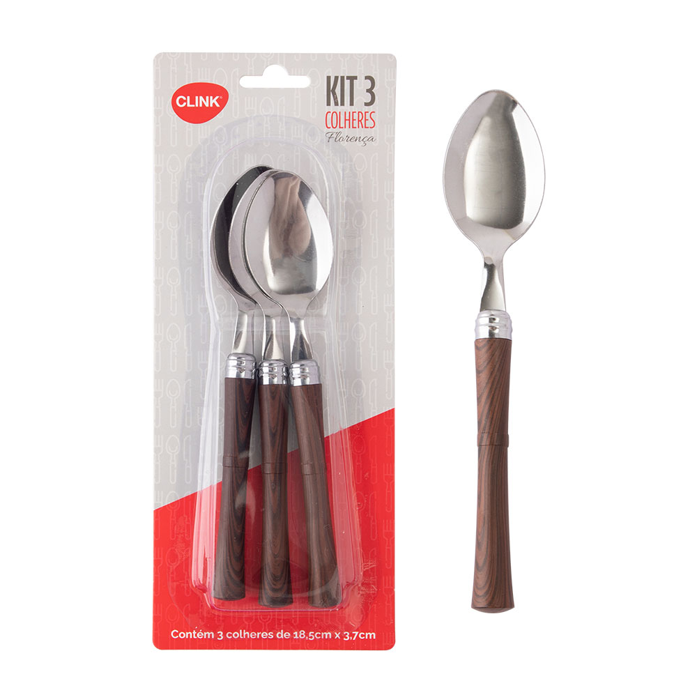 CK5807 - KIT 3 PCS COLHER DE MESA FLORENÇA AÇO INOX E CABO DE PLÁSTICO 18CM X 3,6CM X 0,12CM