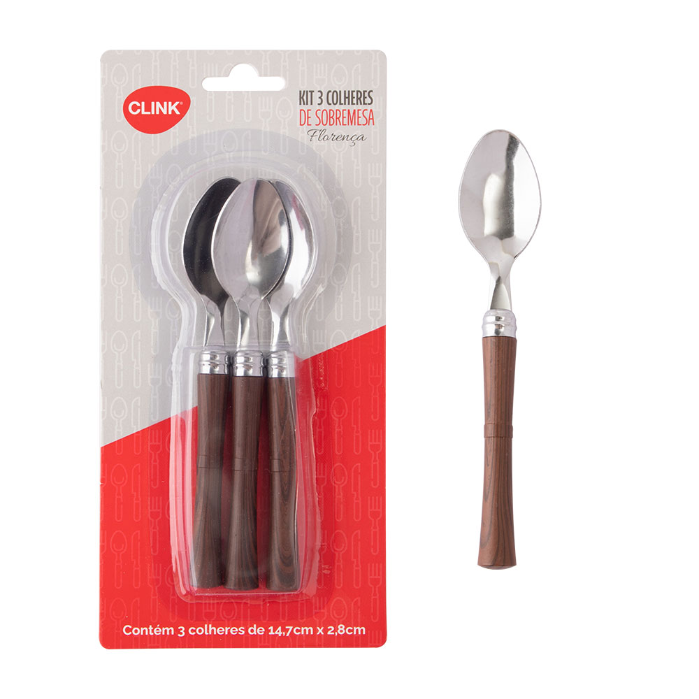 CK5808 - KIT 3 PCS COLHER DE SOBREMESA FLORENÇA AÇO INOX E CABO DE PLÁSTICO 14,5CM X 2,7CM X 0,12CM