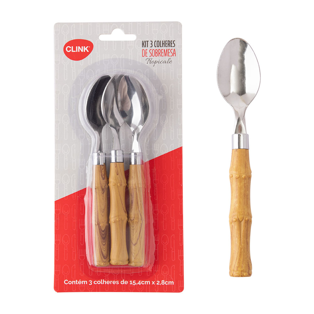 CK5819 - KIT 3 PCS COLHER DE SOBREMESA TROPICALE AÇO INOX E CABO DE PLÁSTICO 14,5CM X 2,7CM X 0,12CM