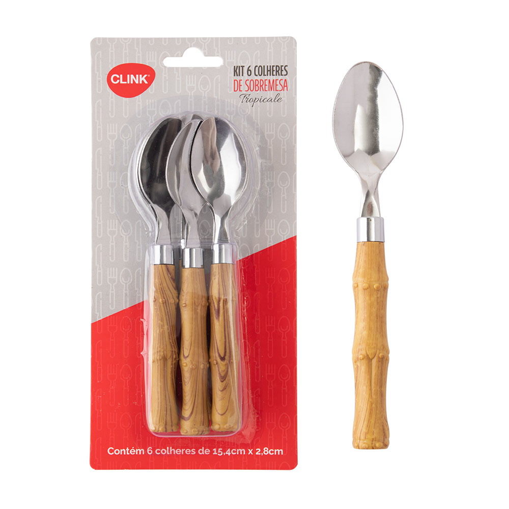 CK5823 - KIT 6 PCS COLHER DE SOBREMESA TROPICALE AÇO INOX E CABO DE PLÁSTICO 14,5CM X 2,7CM X 0,12CM