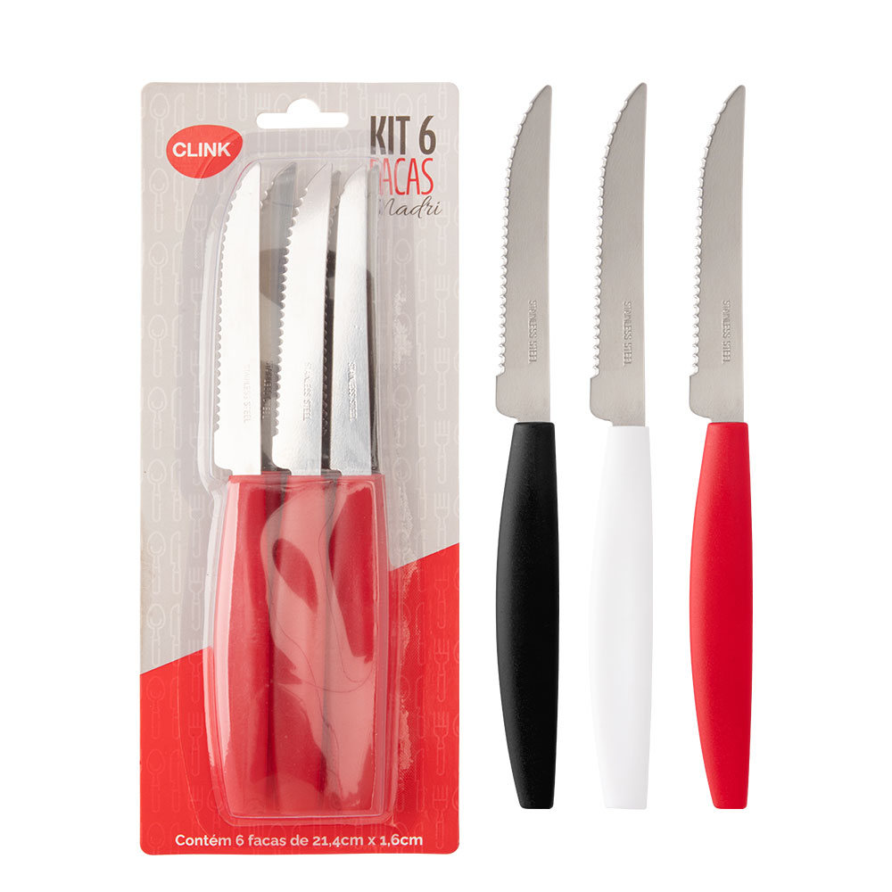 CK5855 - KIT 6 PCS FACA DE CHURRASCO MADRI AÇO INOX E CABO DE PLÁSTICO 21CM X 1,8CM X 0,1CM