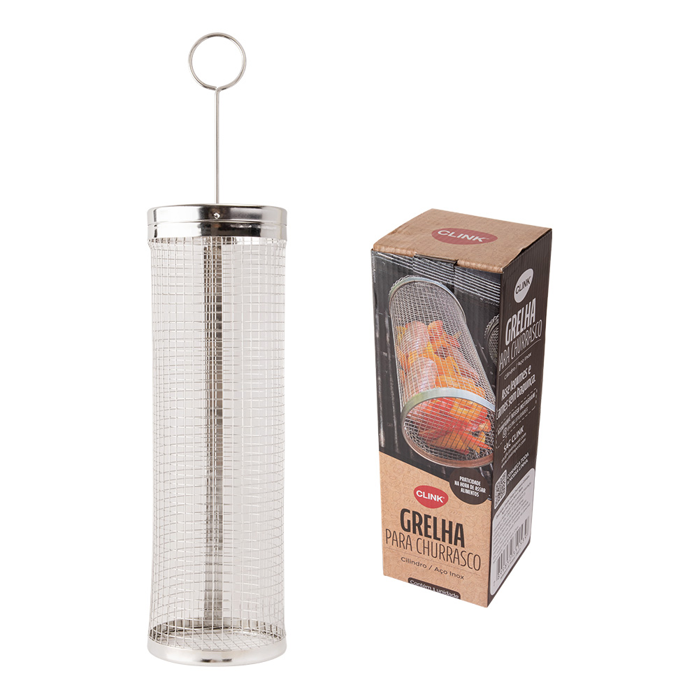 CK6177 - GRELHA CESTO CHURRASCO CILINDRO AÇO INOX 9CM X 9CM X 30CM