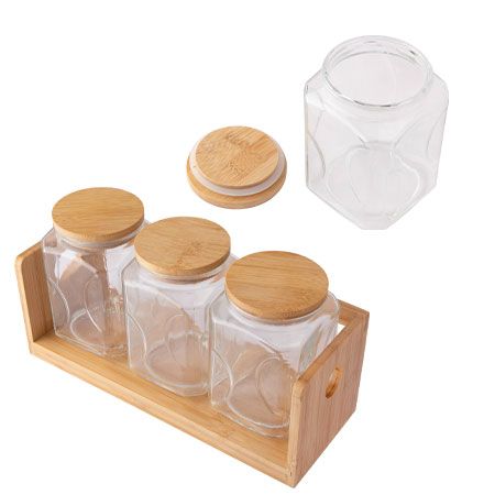 CK6284 - KIT 3 POTES 800 ML E SUPORTE VIDRO E BAMBU 31CM X 11,5CM X 16,1CM