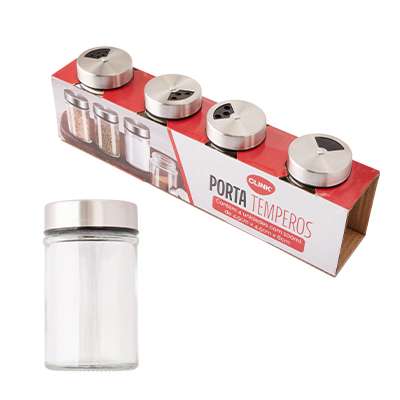 CK6553 - KIT 4 POTES DE CONDIMENTOS 100ML METAL E VIDRO 4,5CM X 4,5CM X 8CM