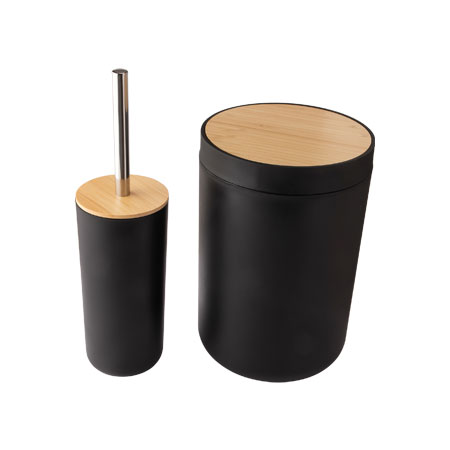 CK6764 - KIT 2PCS BANHEIRO PRETO PLÁSTICO PP E BAMBU 19CM X 19CM X 28,5CM