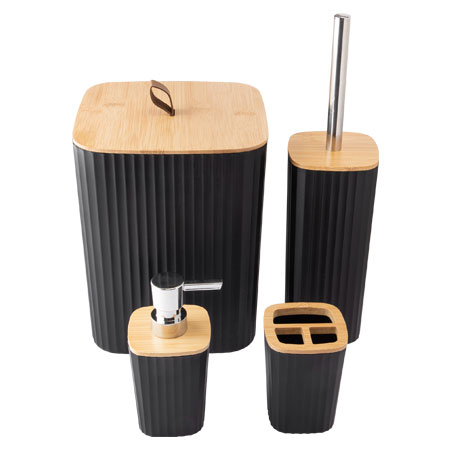 CK6768 - KIT 4PCS BANHEIRO PRETO PLÁSTICO PP E BAMBU 19,5CM X 19,5CM X 24CM