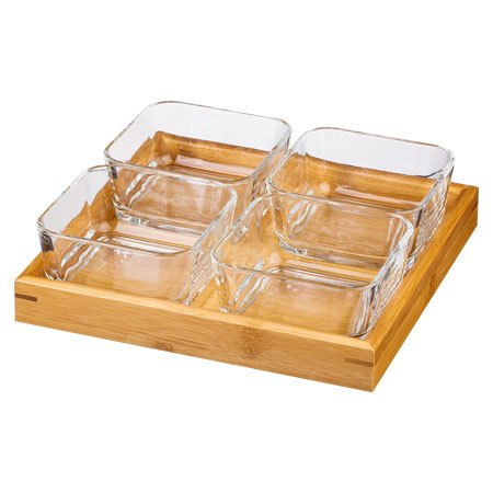 CK6816 - KIT PETISQUEIRA 4 BOWLS 290ML VIDRO BANDEJA BAMBU 5CM X 12,4CM X 10,3CM