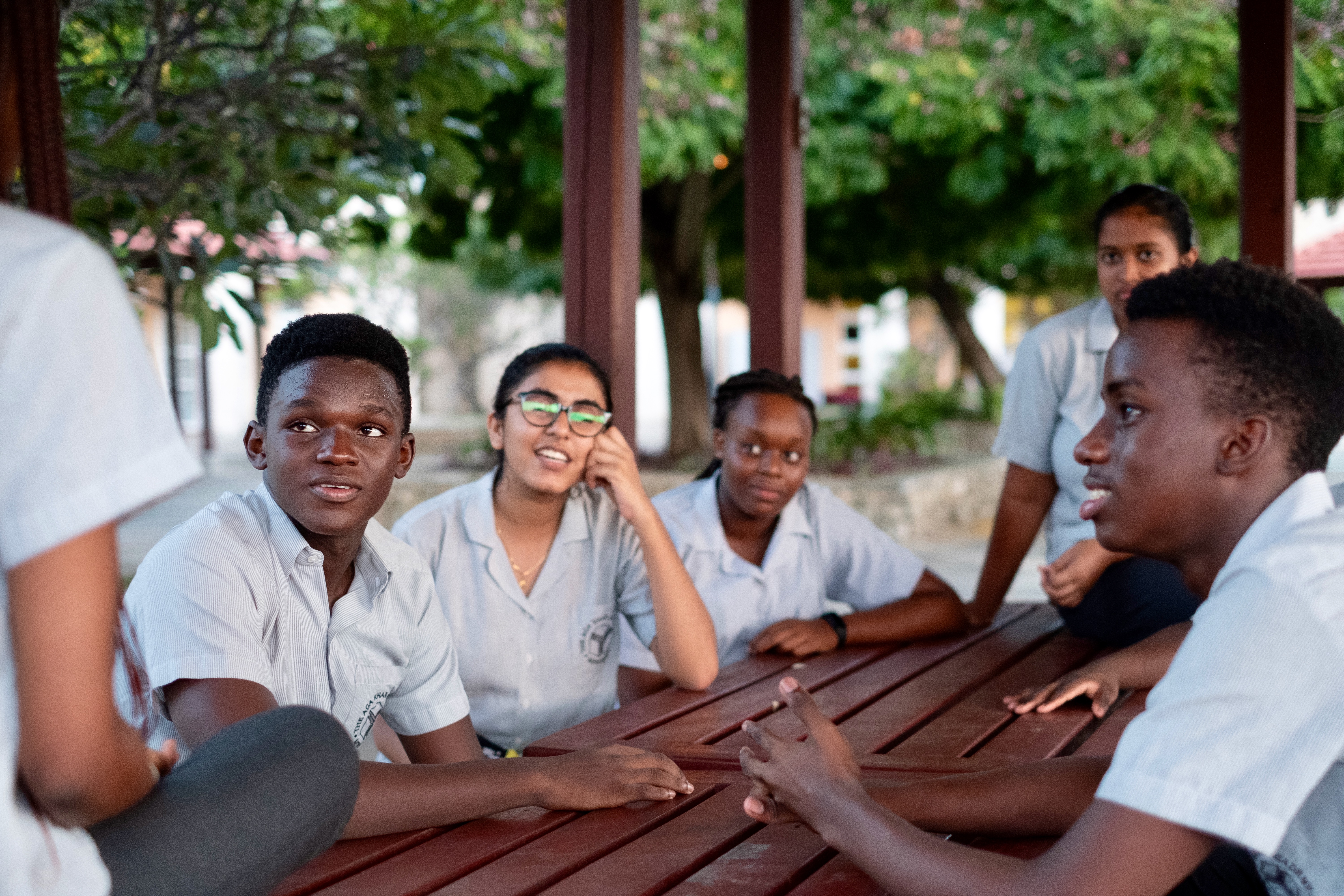 DP Students having a group discussion in the gazebos.