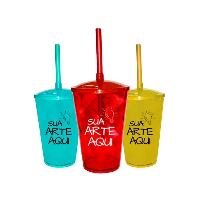 Copo de acrílico tradicional com tampa e canudo personalizado 500 ml