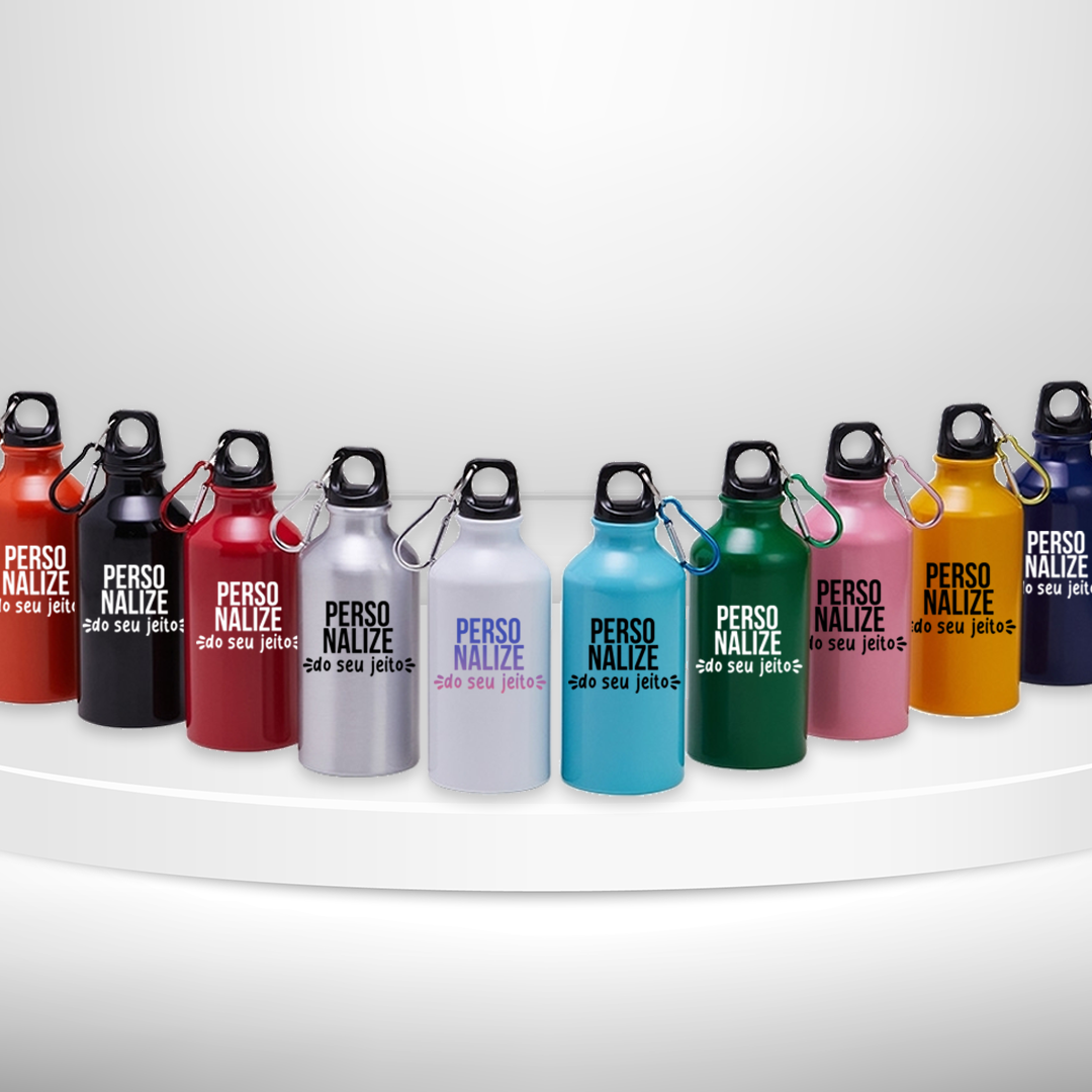 Squeeze de alumínio personalizada com tampa e mosquetão 420 ml
