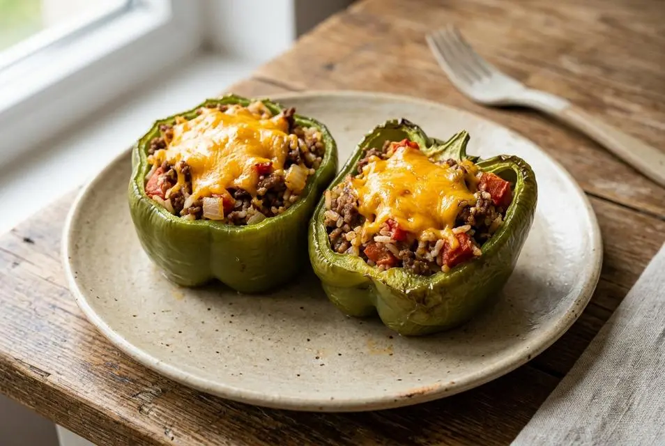 Ground Beef Stuffed Green Bell Peppers With Cheese