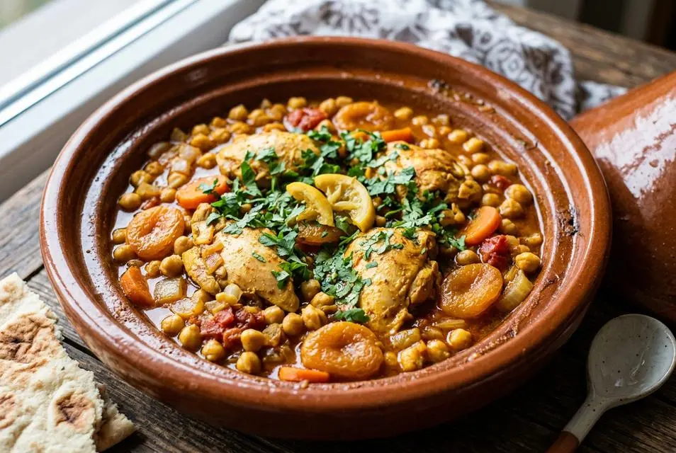 Egyszerű marokkói csirke tagine csicseriborsóval és sárgabarackkal slow cookerben