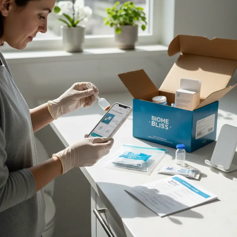 Person using home gut health test kit at home