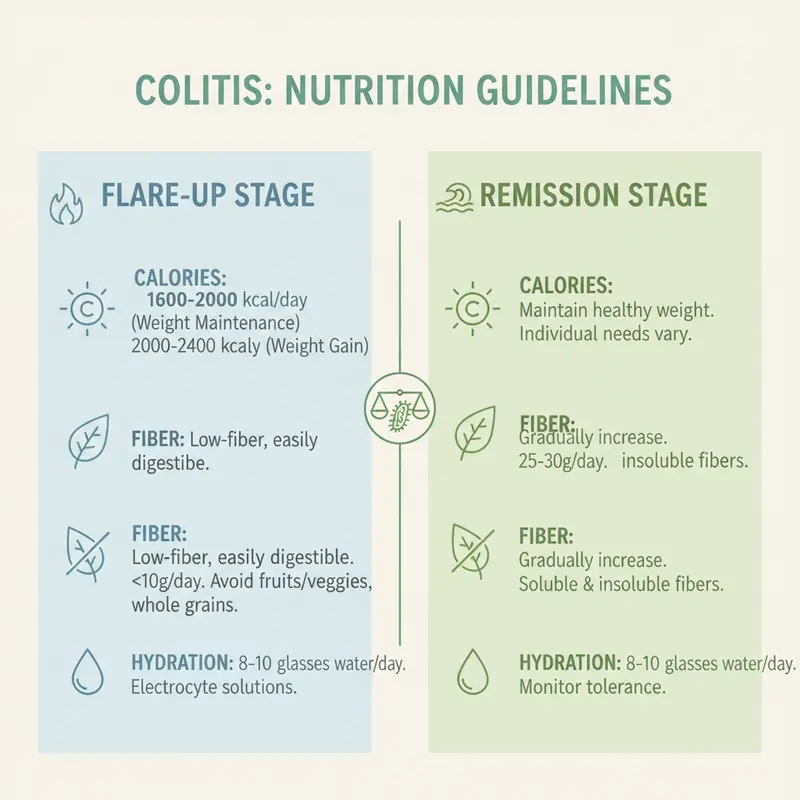 Balance of calorie and fiber intake during colitis stages