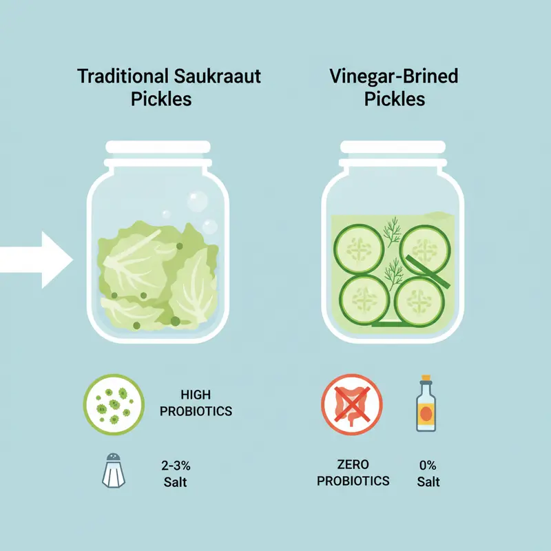 Comparison chart of fermented vs vinegar pickles with probiotic content