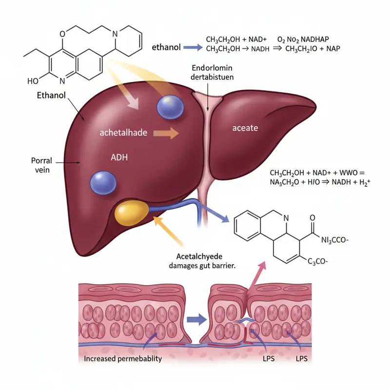Diagram of liver processing alcohol and producing acetaldehyde