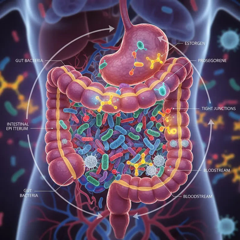 Hormones interacting with gut bacteria illustration