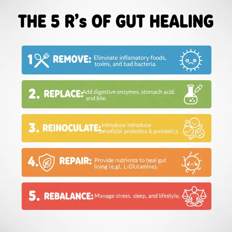 Illustration of the 5 R's of gut healing process